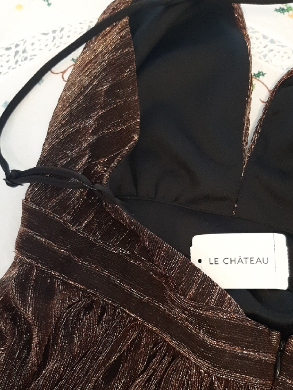 NWTπle chateauπGOLD METALLIC Brown Pleated Plung V-Neck OPEN BACK Maxi Sz M - Picture 11 of 12